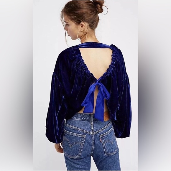 Free People Blue Velvet Blouse with Open Back and Tie Details - Picture 2 of 6
